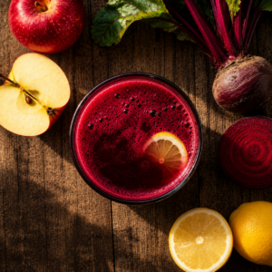 Verre de jus rouge intense à la betterave à côté d'une pomme coupée, d'un citron et d'un carnet de rituels.