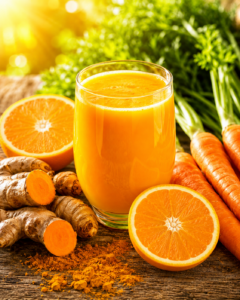 Un verre de jus orange vif avec du curcuma frais et des quartiers d'orange à côté d'un carnet de rituels.