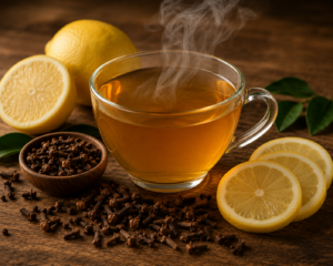 Une tasse fumante d'infusion entourée de clous de girofle entiers et de tranches de citron sur une table