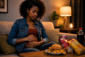 Une personne assise qui tient doucement son ventre gonflé après un repas lourd avec des aliments industriels flous à côté