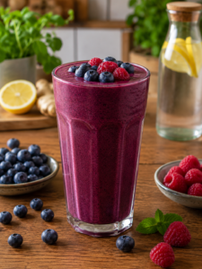 Un verre de smoothie fruits rouges détox de couleur pourpre garni de myrtilles fraîches et de framboises sur une table