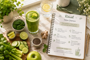 Un grand verre de jus vert émeraude à côté de tranches de concombre, de pommes et d'un carnet de rituels. jus pour nettoyer le sang