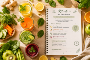 Alt- Cinq verres de smoothies colorés (rose, vert, jaune) sur une table en bois avec un carnet de rituels recettes smoothies rapides