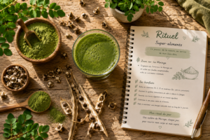 Infographie sur un carnet de rituels comparant le moringa aux épinards et au lait, à côté d'un petit verre de shot vert. bienfaits du moringa