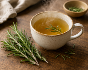 Une tasse de tisane chaude avec des branches de romarin frais posées à côté sur une table