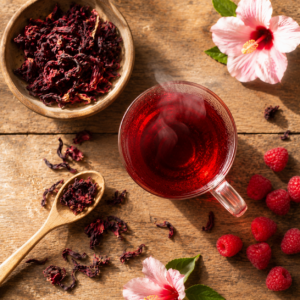Une tasse en verre transparent laissant voir une infusion rouge rubis à l'hibiscus, à côté de zestes d'orange