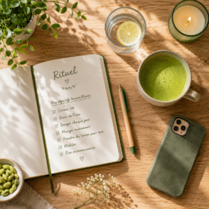 Un carnet de rituels ouvert sur la page 'Mes nouvelles habitudes' à côté d'un téléphone éteint et d'une tasse d'infusion naturelle
