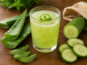 Un grand verre de jus d'aloe vera et concombre vert clair et rafraîchissant avec une rondelle de concombre sur le bord
