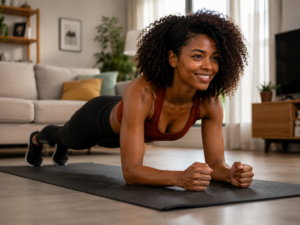 Programme simple de sport à la maison Une personne en tenue de sport souriante qui fait du gainage sur un tapis de fitness dans son salon