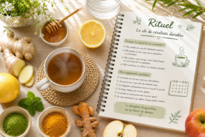 Avocat, citrons et gingembre sur une table à côté d'un carnet de rituels affichant 'Objectif Ventre Plat'. aliments pour réduire la graisse