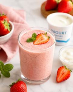 Un grand verre de smoothie fraise yaourt rose et crémeux décoré d'une fraise fraîche et de feuilles de menthe