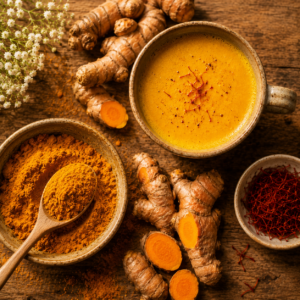 Une tasse de lait d'or au curcuma fumante à côté de racines de curcuma, de grains de poivre noir et d'un carnet de rituels. Les bienfaits du curcuma