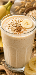 Un verre de smoothie banane avoine crémeux saupoudré de cannelle sur une table de petit-déjeuner
