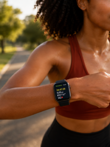 Une montre connectée affichant le temps d'entraînement au poignet d'une personne qui court à l'extérieur