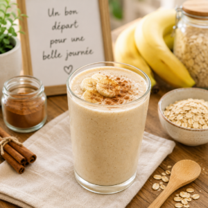 Un verre de smoothie banane avoine crémeux saupoudré de cannelle sur une table de petit-déjeuner