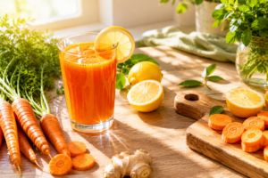 Alt-Verre de jus orange vif à la carotte et au citron à côté d'un carnet de rituels et de carottes fraîches jus carotte citron