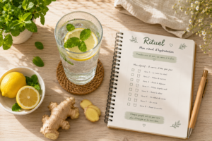 Un grand verre d'eau fraîche avec de la menthe et des rondelles de citron à côté d'un carnet de rituels notant 'Objectif Hydratation quantité d'eau par jour
