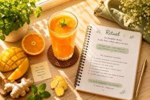 Un verre de jus orange vif à côté d'un citron, d'un morceau de gingembre et d'un carnet de rituels notant 'Ma Routine Énergie'. jus énergie matin