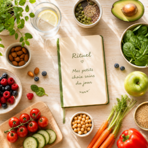 Un bocal de graines de chia, des amandes et des fruits frais disposés à côté d'un carnet de rituels sur une table. Manger sain