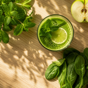 Verre de jus vert émeraude avec des feuilles de menthe et des quartiers de pomme. jus vert épinards pomme