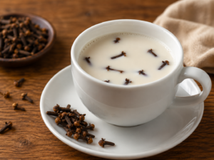 Une tasse en céramique blanche remplie de lait chaud avec des clous de girofle entiers posés sur une soucoupe à côté
