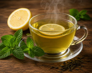 Une tasse en verre d'infusion thé vert chaud avec une rondelle de citron jaune flottante et des feuilles de menthe à côté