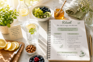 Alt- Verre d'eau citronnée fumante avec des tranches de citron à côté d'un carnet de rituels sur une table en bois. Bienfaits du citron