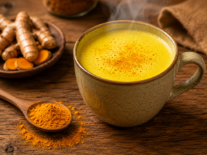 Une tasse de lait chaud au curcuma d'une belle couleur jaune dorée posée sur une table en bois avec de la poudre de curcuma à côté