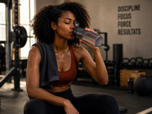 Une personne sportive en train de boire une boisson après le sport pour s'hydrater après une séance intense