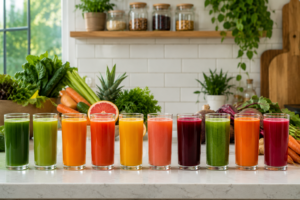 Une rangée de dix verres colorés contenant des jus de légumes frais, de carotte, de pamplemousse et de betterave sur un comptoir de cuisine jus brûle-graisse puissants à faire chez soi