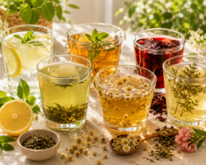 Une sélection de verres contenant de l'eau citronnée, du thé vert et des infusions de plantes sur une table lumineuse