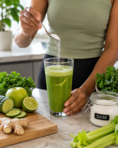 Une personne qui ajoute du sucre en poudre dans un grand verre de jus détox vert sur un plan de travail de cuisine