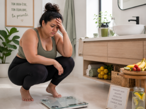 Erreurs qui empêchent de maigrir: Une personne frustrée qui regarde une balance sur le sol d'une salle de bain lumineuse