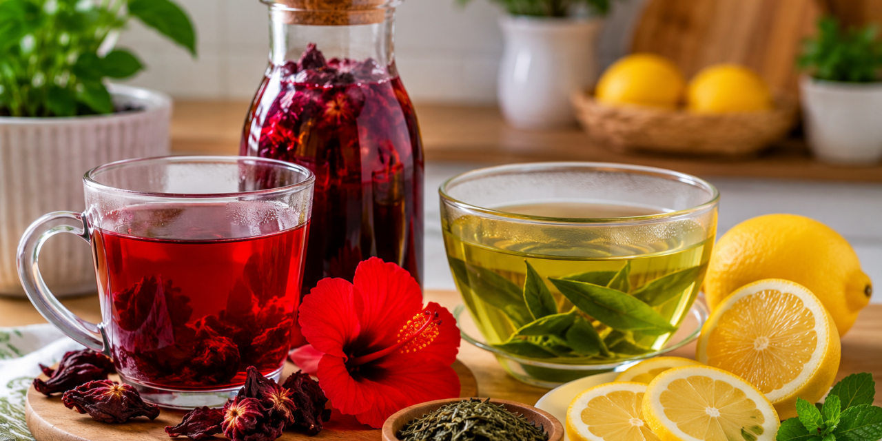 Boissons brûle-graisse naturelles Une bouteille en verre d'infusion d'hibiscus rouge à côté d'un bol de thé vert et de tranches de citron frais