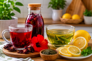 Boissons brûle-graisse naturelles Une bouteille en verre d'infusion d'hibiscus rouge à côté d'un bol de thé vert et de tranches de citron frais