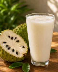 Un grand verre transparent rempli de jus de corossol blanc et crémeux posé à côté d'un fruit de corossol ouvert