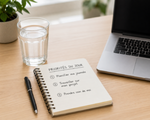Un carnet de notes ouvert affichant trois priorités du jour à côté d'un verre d'eau et d'un ordinateur portable sur un bureau épuré