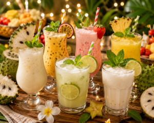 Plusieurs verres de cocktails au corossol colorés et décorés de fruits tropicaux et de menthe fraîche sur un buffet de fête