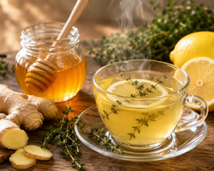 Remède naturel contre la toux: Une tasse de tisane chaude au citron et au thym à côté d'un pot de miel pur et de gingembre sur une table