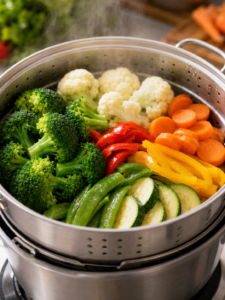 Des légumes frais colorés comme des brocolis et des carottes disposés dans un panier de cuisson à la vapeur