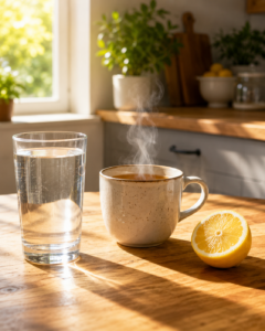 Une table de cuisine ensoleillée le matin avec un grand verre d'eau pure, une tasse d'infusion fumante et un demi-citron jaune Que boire le matin pour être en bonne santé
