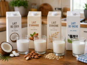 Différentes briques et verres de lait végétal de coco, d'amande, d'avoine et de lait de vache sur une table de cuisine
