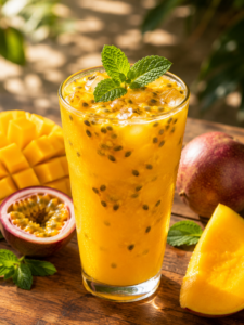 Un grand verre de cocktail mangue passion d'une belle couleur jaune dorée décoré de graines de passion et d'une feuille de menthe