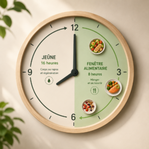 Une horloge stylisée marquant les temps de repas pour illustrer le concept du jeûne intermittent