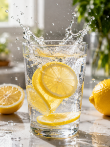 Des rondelles de citron jaune frais plongeant dans un grand verre d'eau pure avec des gouttes d'eau autour
