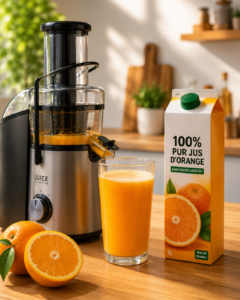 Jus maison vs jus industriel Un extracteur de jus avec un verre de jus d'orange frais pressé à côté d'une brique de jus industrielle fermée