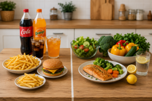 aliments à éviter pour préserver sa santé: Une table de cuisine séparée en deux avec des frites et sodas à gauche, et des légumes frais avec du poisson à droite