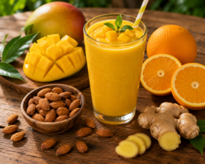 Remèdes naturels contre la fatigue: Une table en bois avec un smoothie à la mangue, des amandes fraîches, une orange coupée en deux et une racine de gingembre